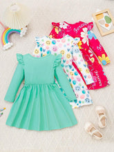 Young Girl 3pcs Set Casual Cute Cartoon Letter Print Ruffle Trim Long Sleeve Dress